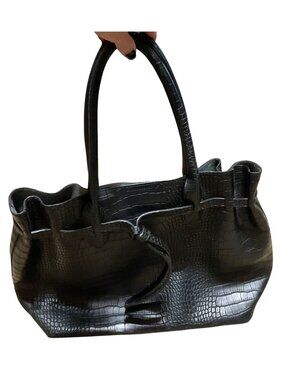 Black Faux Leather Crocodile Embossed Large Tote Handbag 12 X 14 X 5.5